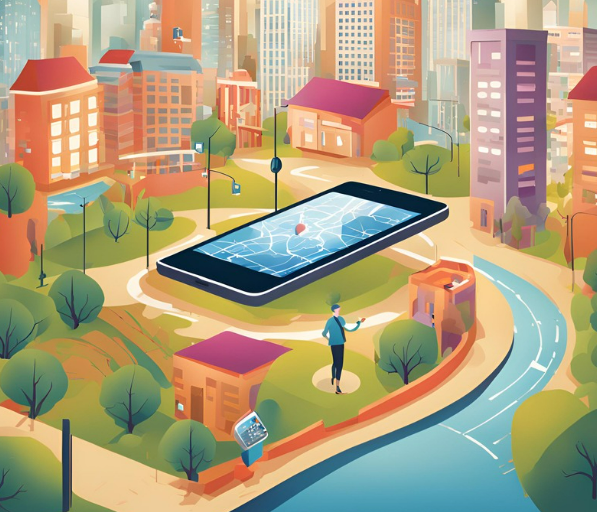 Illustration of a park with a smartphone in the center, symbolizing geofencing technology in marketing.