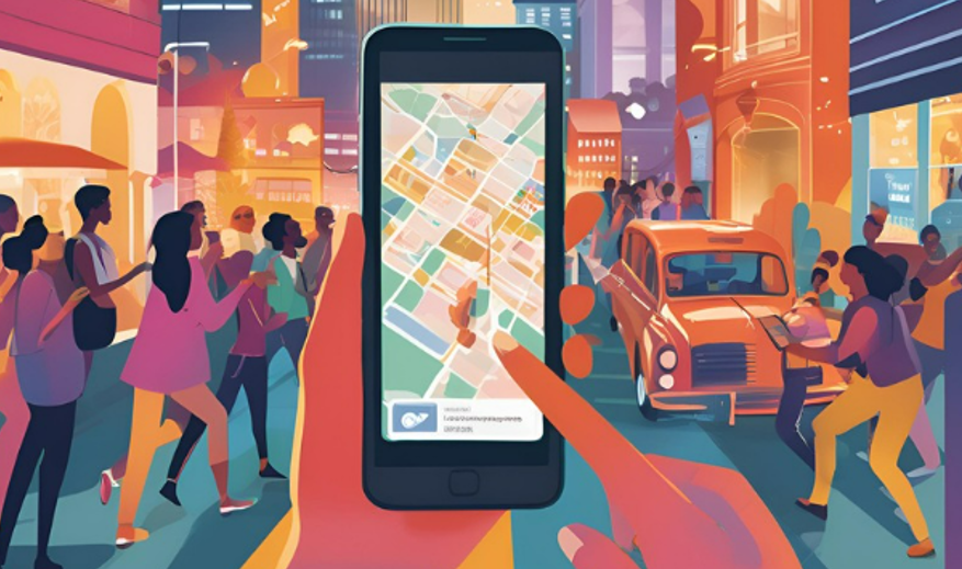 Illustration of a city with a smartphone in the center, symbolizing geofencing technology in marketing