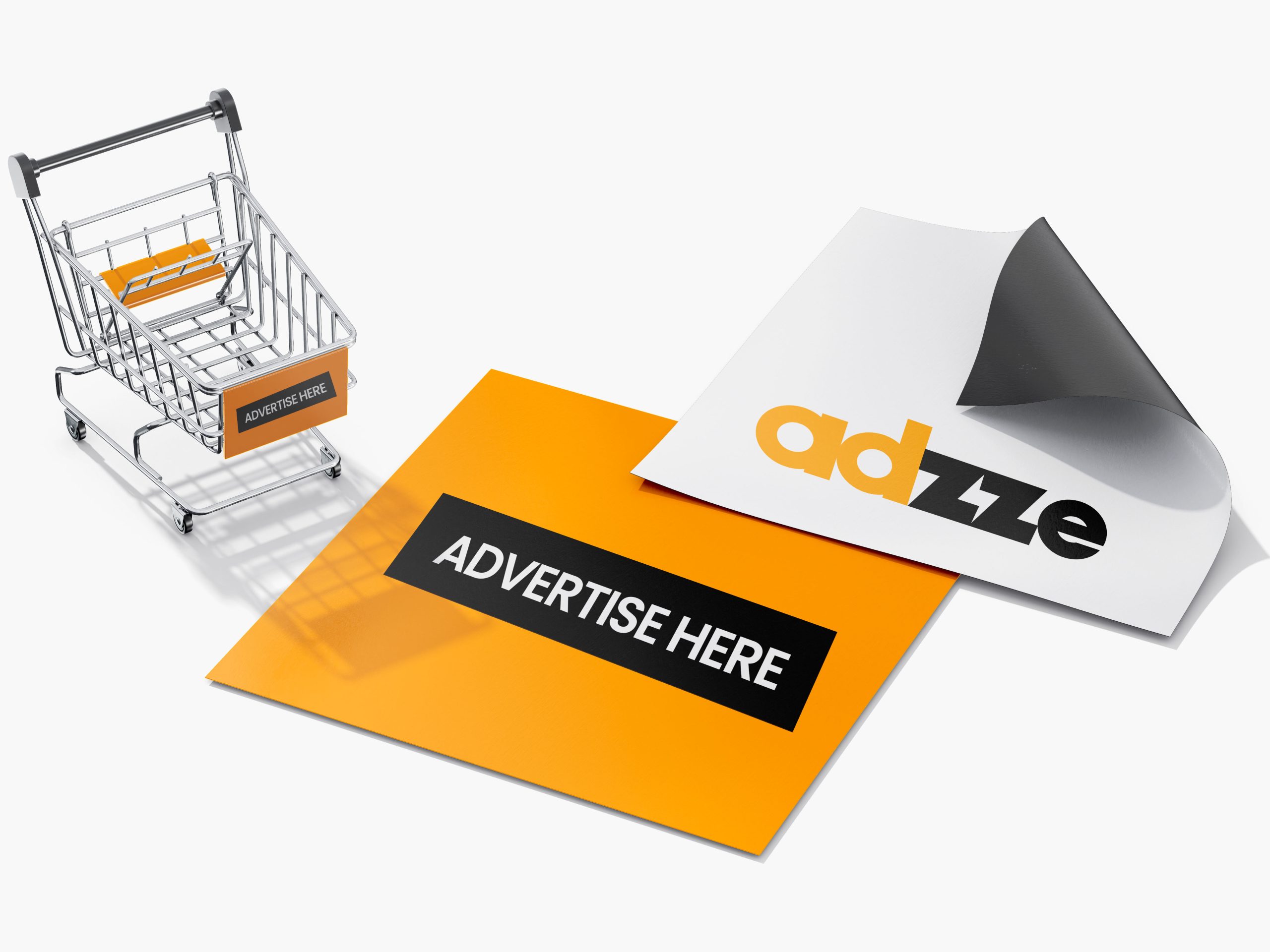 The image shows a shopping cart with Adzze's logo on the cart panels