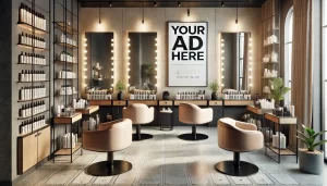 The image shows an advertising poster placed on a beauty salon wall