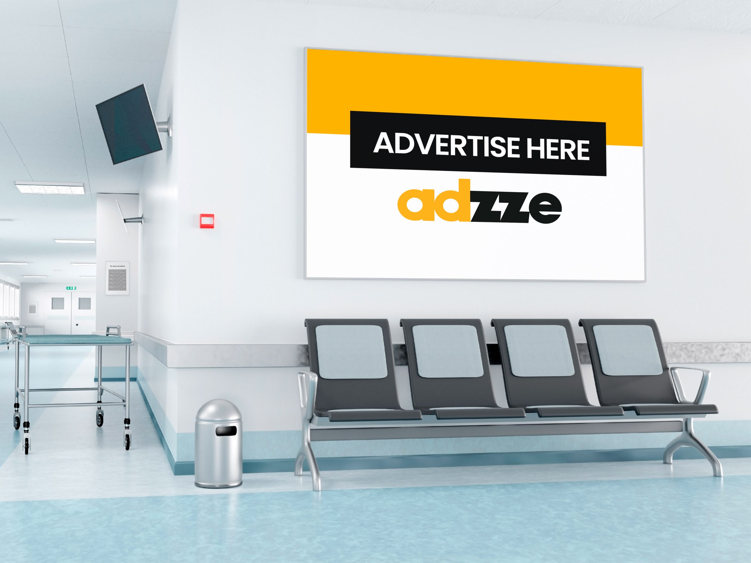 The image shows an AI generated waiting room where an Adzze's advertising wallboard is placed on the wall