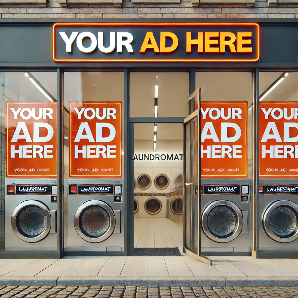 The image shows an AI generated laundromat with a sign and posters with the sayings "Your AD here" in orange, white and black